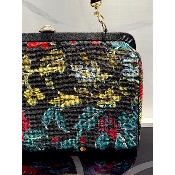 Vintage Carpet Bag Needlepoint Tapestry Structured Satchel Large Floral Black - Picture 5 of 15
